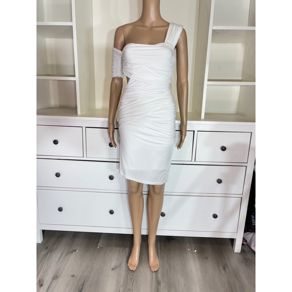 Kardashians Bebe Dress Womens Small White Ruched One Shoulder Cutout Bodycon